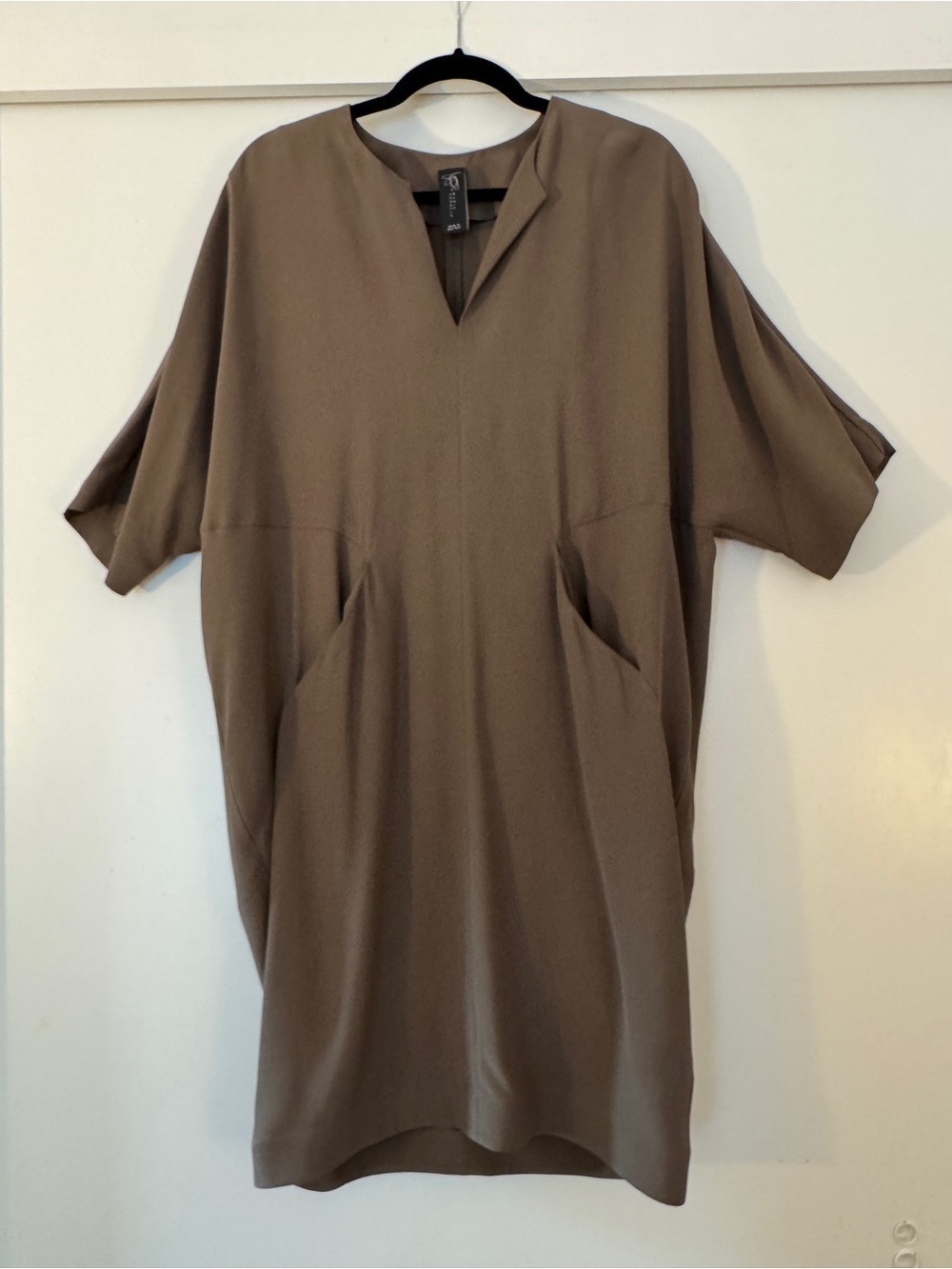 Zero + Maria Cornejo Taupe Oversized Short Sleeve V-Neck Midi Dress Pockets 6